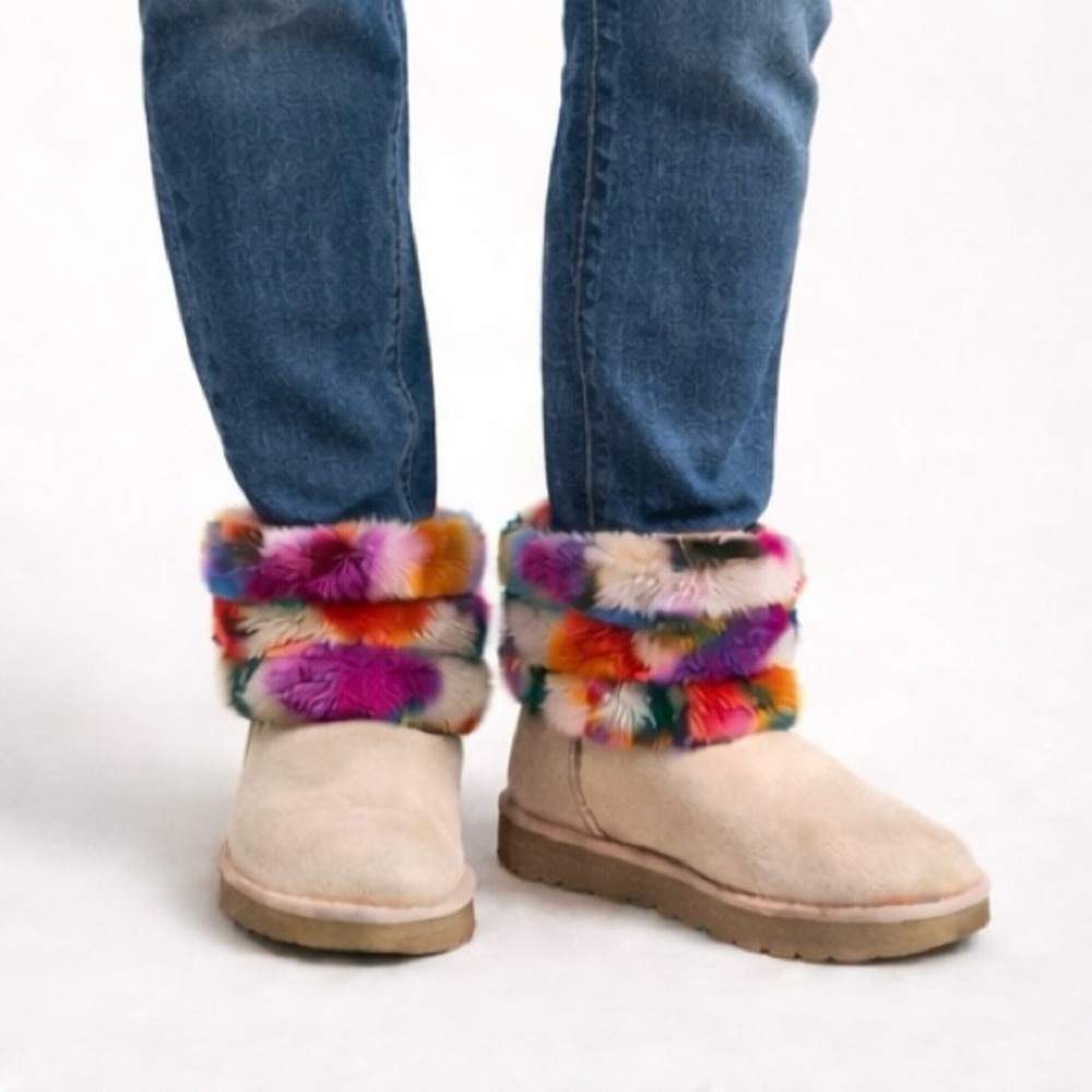 UGG Fluff Mini Quilted Motlee Boots Shoe Suede Sheepskin Pink Size EU 38 US 7